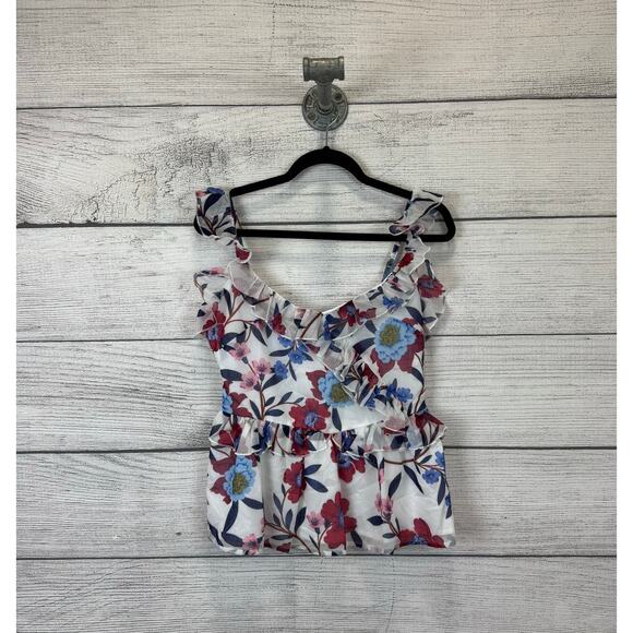 French Connection Women's White Floral Ruffle Sleeveless Spring Blouse Size 4 - Picture 1 of 9